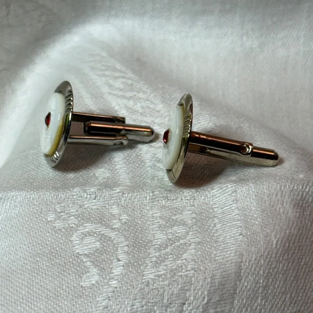 Vintage Silver-Tone Cuff Links Round White Lucite Red Rhinestone
